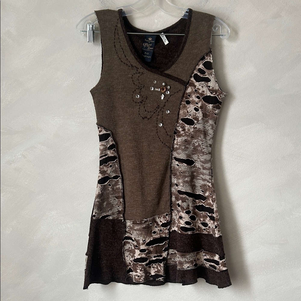 Y2K Point Zero vintage fairycore grunge asymmetrical patchwork dress brown